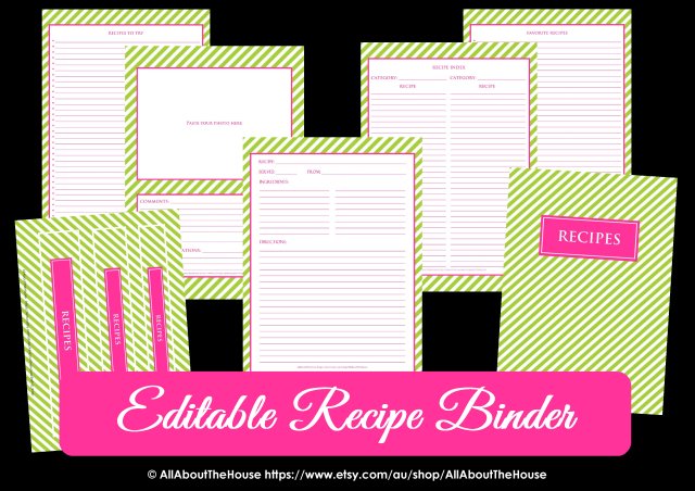 Editable Recipe Binder Green Pink
