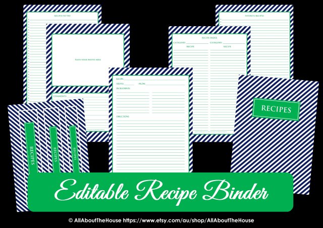 Editable Recipe Binder Navy Green