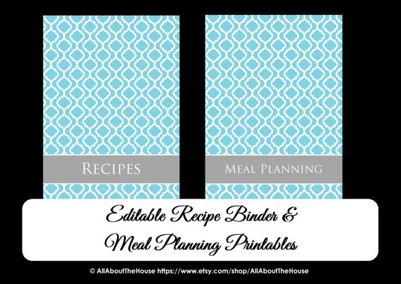 quatrefoil recipe binder blue grey meal plan editable instant binder cover organize