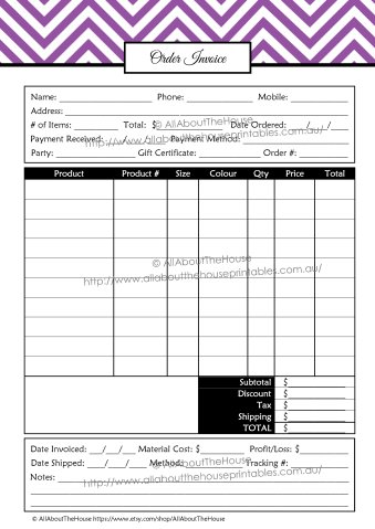 Order Invoice business organization custom form printable planner agenda organizer chevron