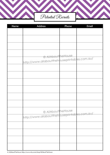Potential Recruits contacts direct sales printable organizer half size letter size editable instant download chevron A4