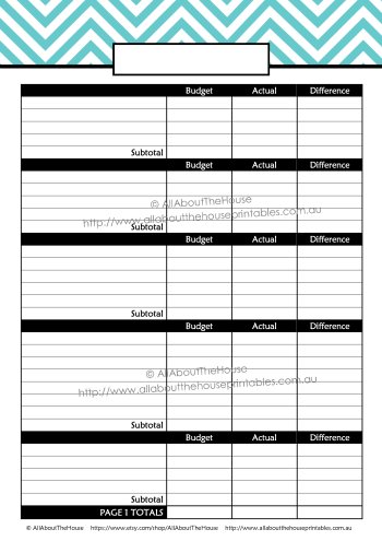 Editable Budget Printable template worksheet monthly weekly chevron pdf letter size blank categorised filled in finance budget binder planner organize money management income expenses tracker blue black grey ink friendly