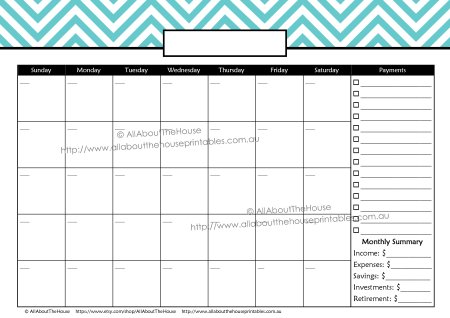 Monthly Finance Calendar - Payments - chevron monday + sunday start printable planner budget bill pay calendar spending tracker